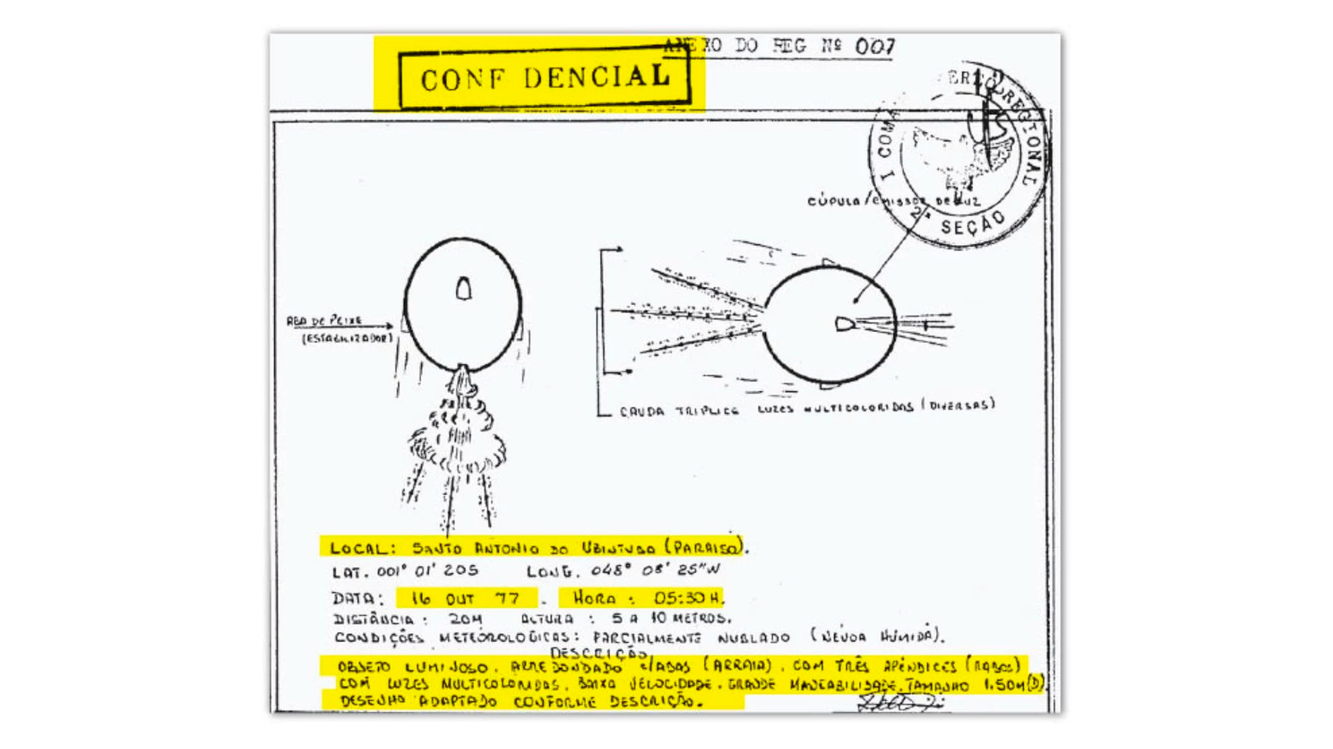 Desenho de objeto voador observado na Operação Prato - Fundo OVNI/Arquivo Nacional.