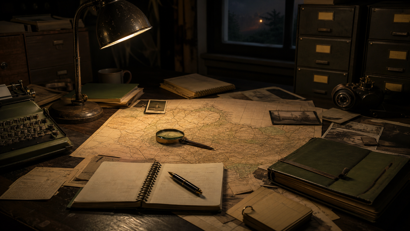 Mesa de pesquisa com mapa do Para, documentos e caderno militar para estudo linguistico da Operacao Prato